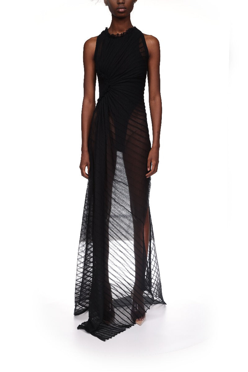 Sleeveless Gathered Detail Dress - Black