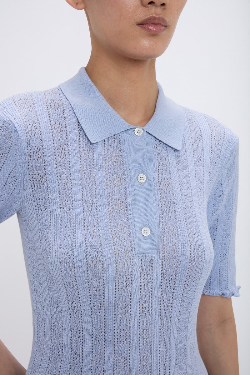 Frill Detail Polo Top - Cloud Blue