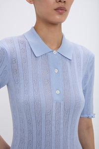 Frill Detail Polo Top - Cloud Blue