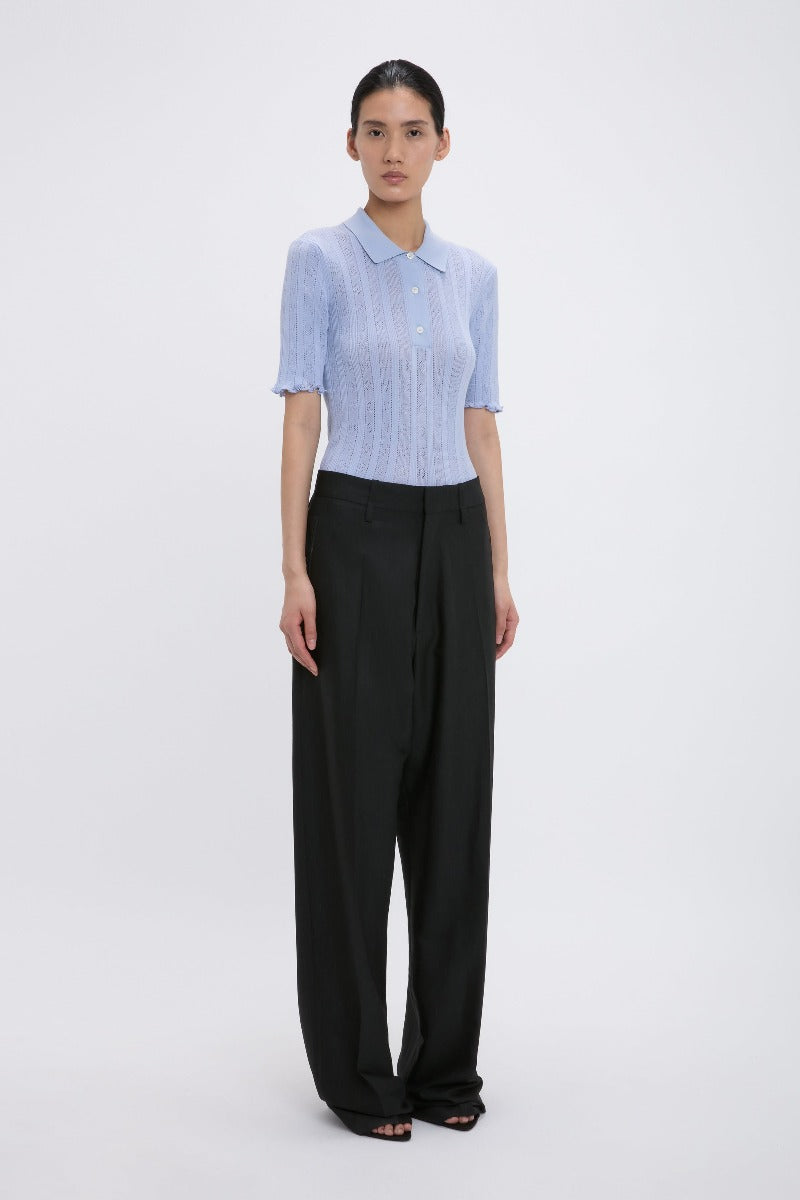 Frill Detail Polo Top - Cloud Blue