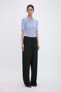 Frill Detail Polo Top - Cloud Blue