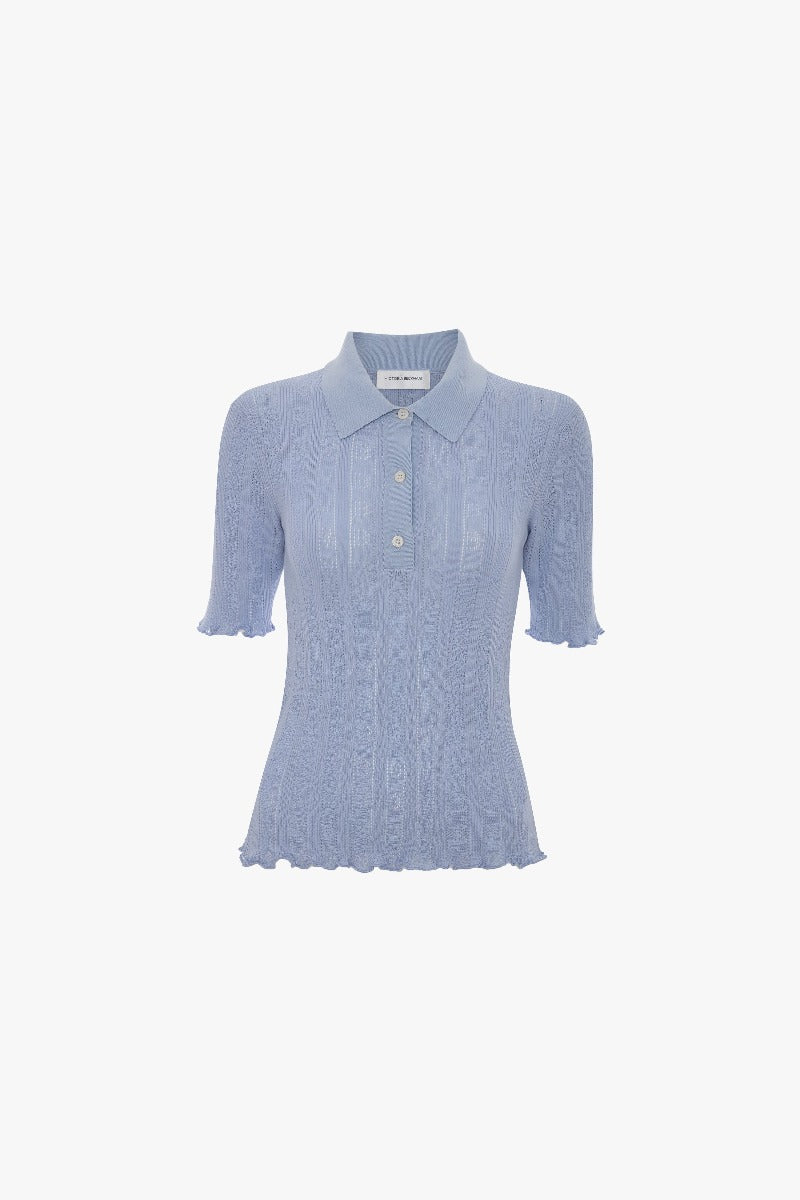 Frill Detail Polo Top - Cloud Blue