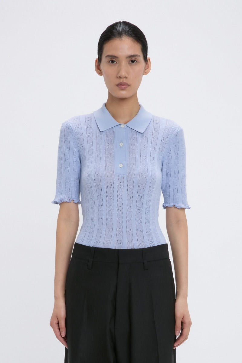 Frill Detail Polo Top - Cloud Blue