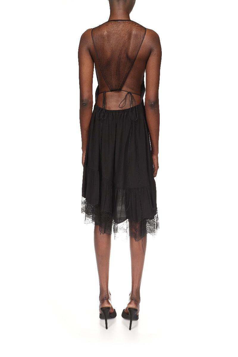 Gathered Lace Detail Dress - Black