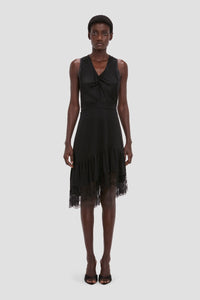 Gathered Lace Detail Dress - Black