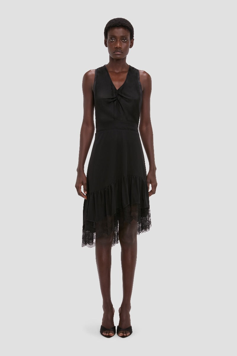 Gathered Lace Detail Dress - Black