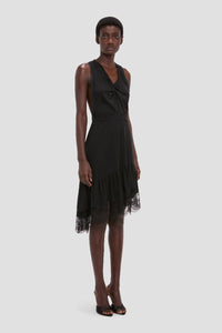 Gathered Lace Detail Dress - Black
