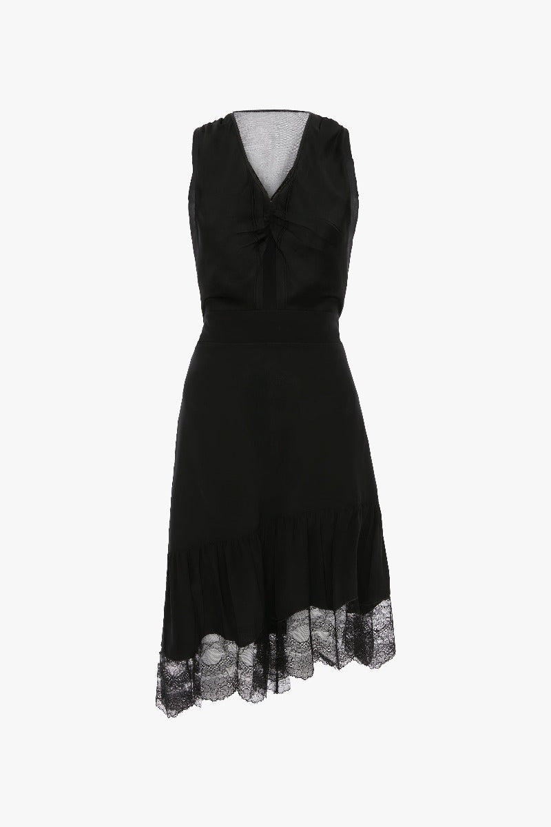 Gathered Lace Detail Dress - Black