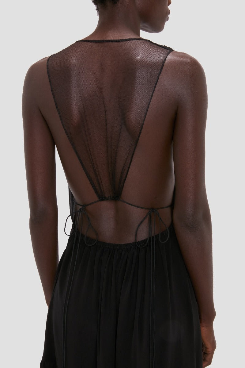 Gathered Lace Detail Dress - Black