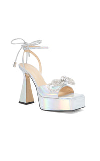 Double Bow 140 platform sandals in metallic leather - Iridescent