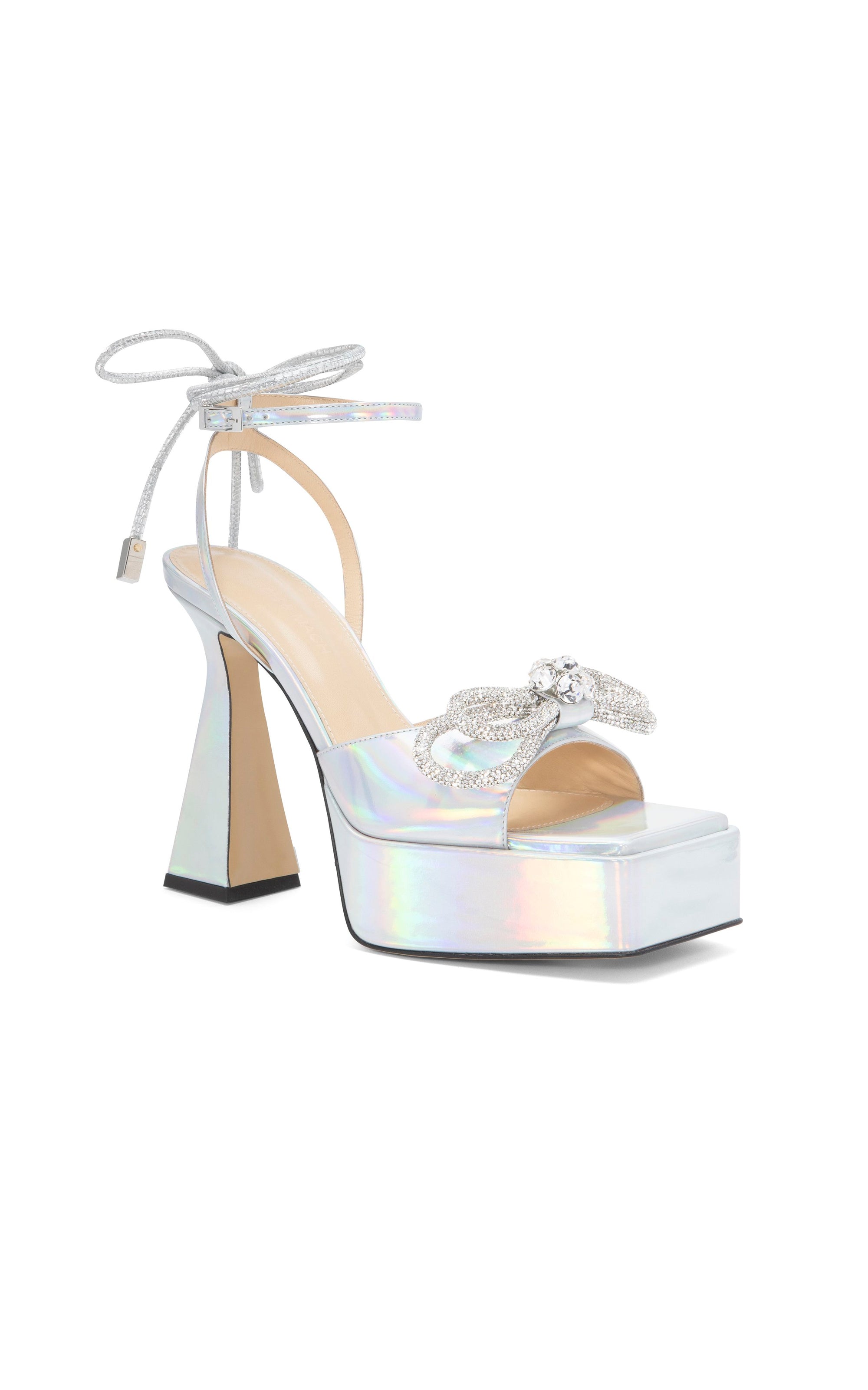 Double Bow 140 platform sandals in metallic leather - Iridescent