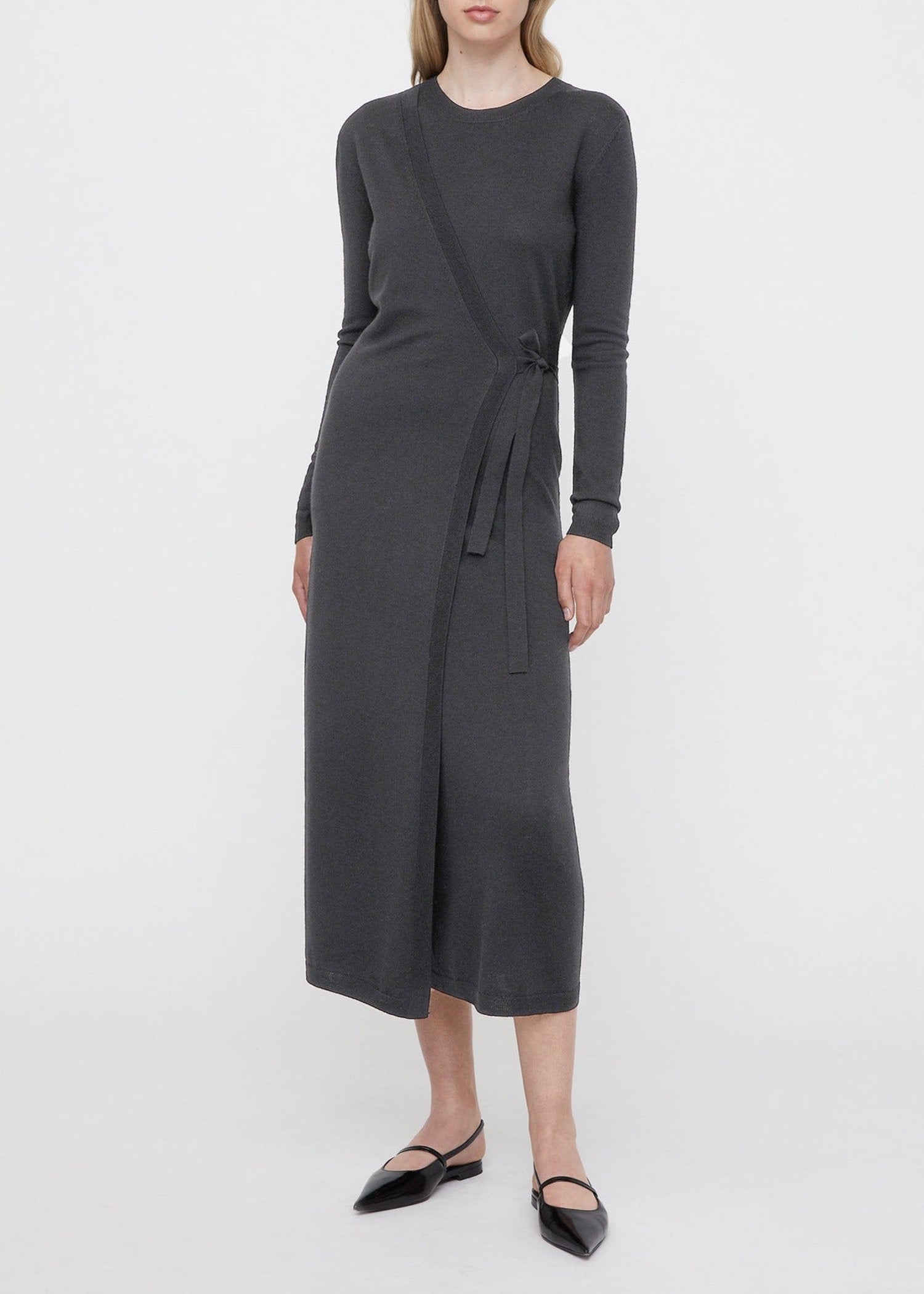 Robe midi portefeuille en laine - Dark Grey Melange