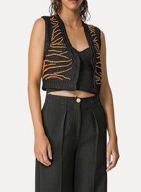 Gilet brodé "Emotions" à détails macramé - Nero