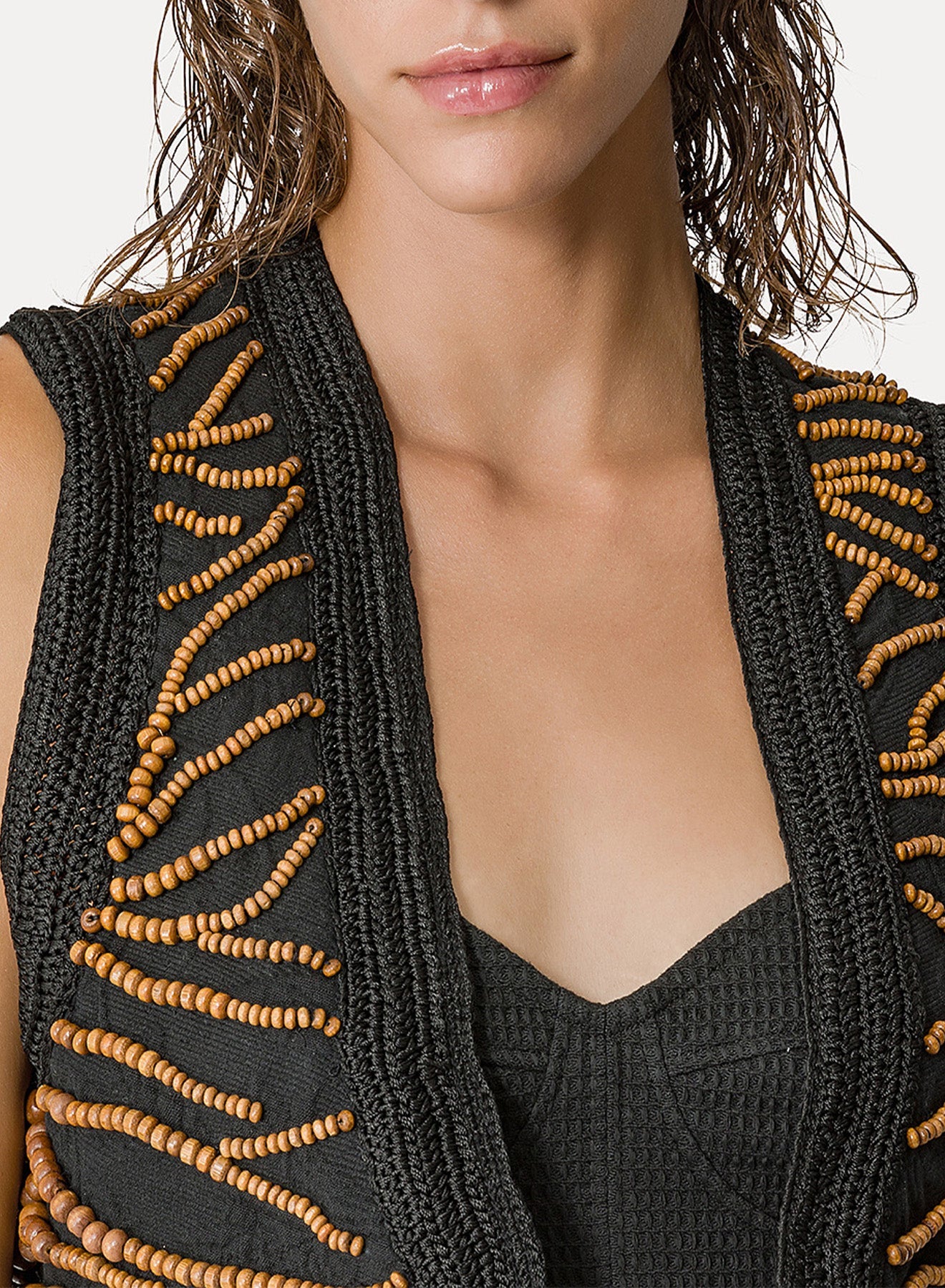 Gilet brodé "Emotions" à détails macramé - Nero