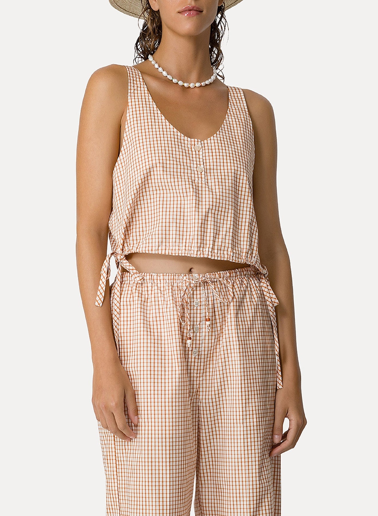 Sleeveless check top - Caramel