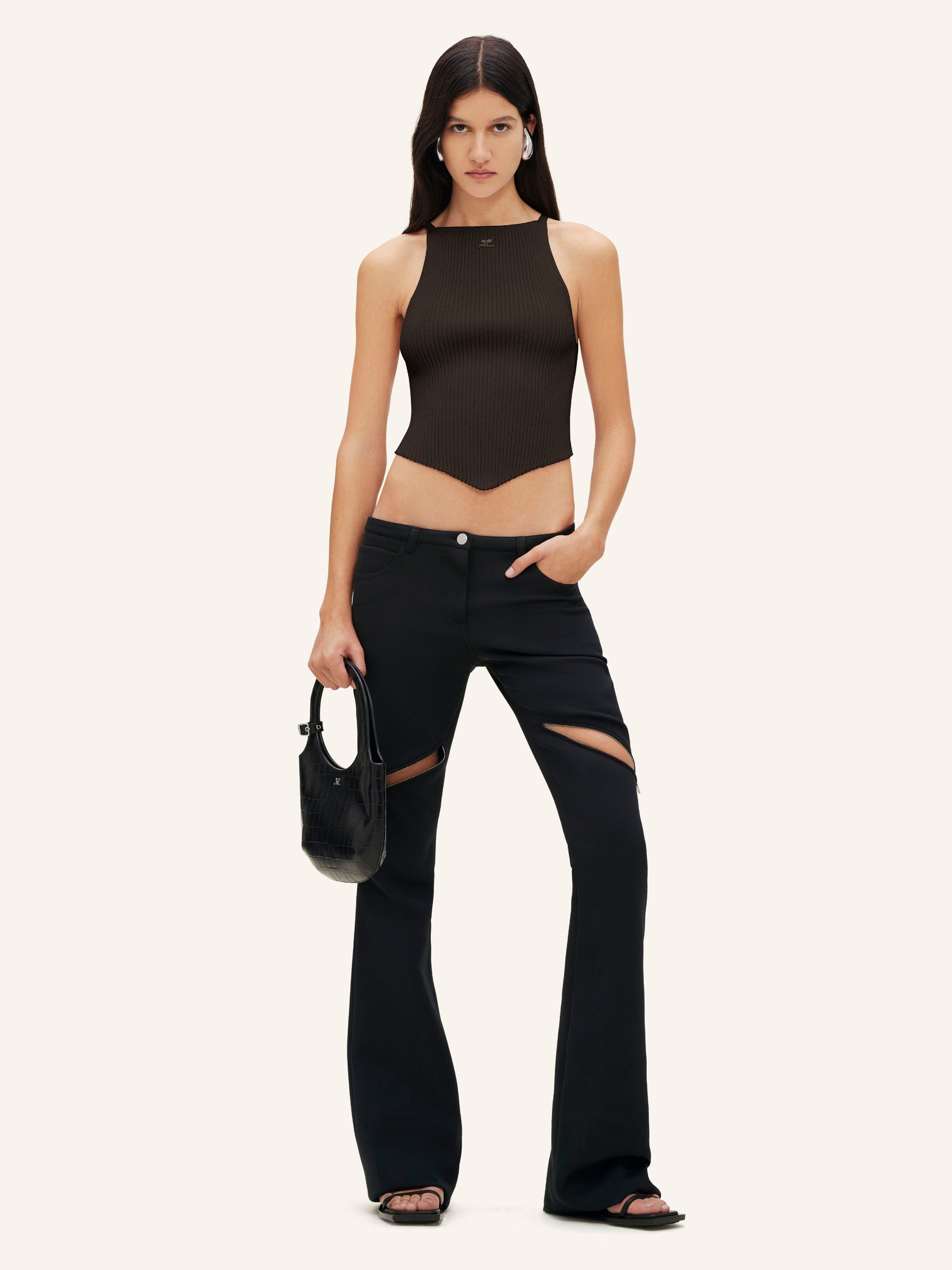 MUD BROWN RIB KNIT POINTY TANK TOP