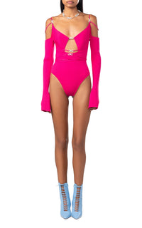 Cut-out bodysuit with rhinestone embellishments - Fuchsia