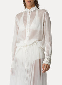 Chemise oversize avec détails crochetés en soie mélangé - Avorio