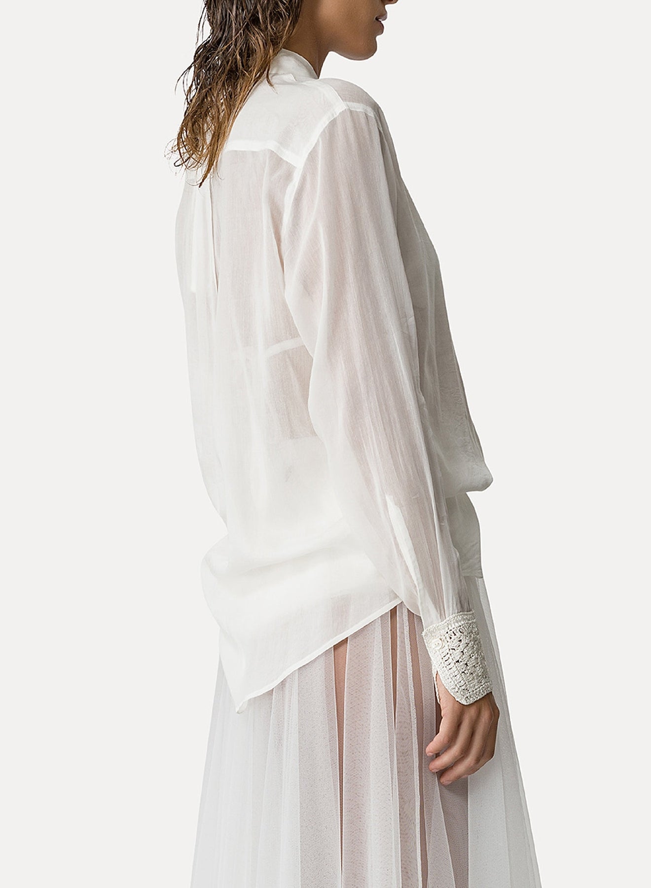 Chemise oversize avec détails crochetés en soie mélangé - Avorio