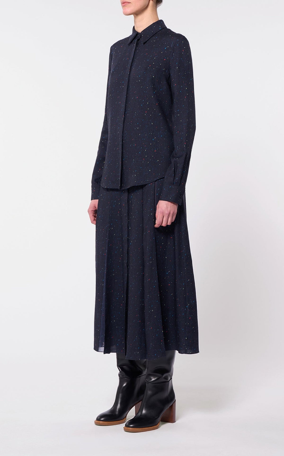 Henri Top en bleu marine foncé multicolore speckle imprimé laine