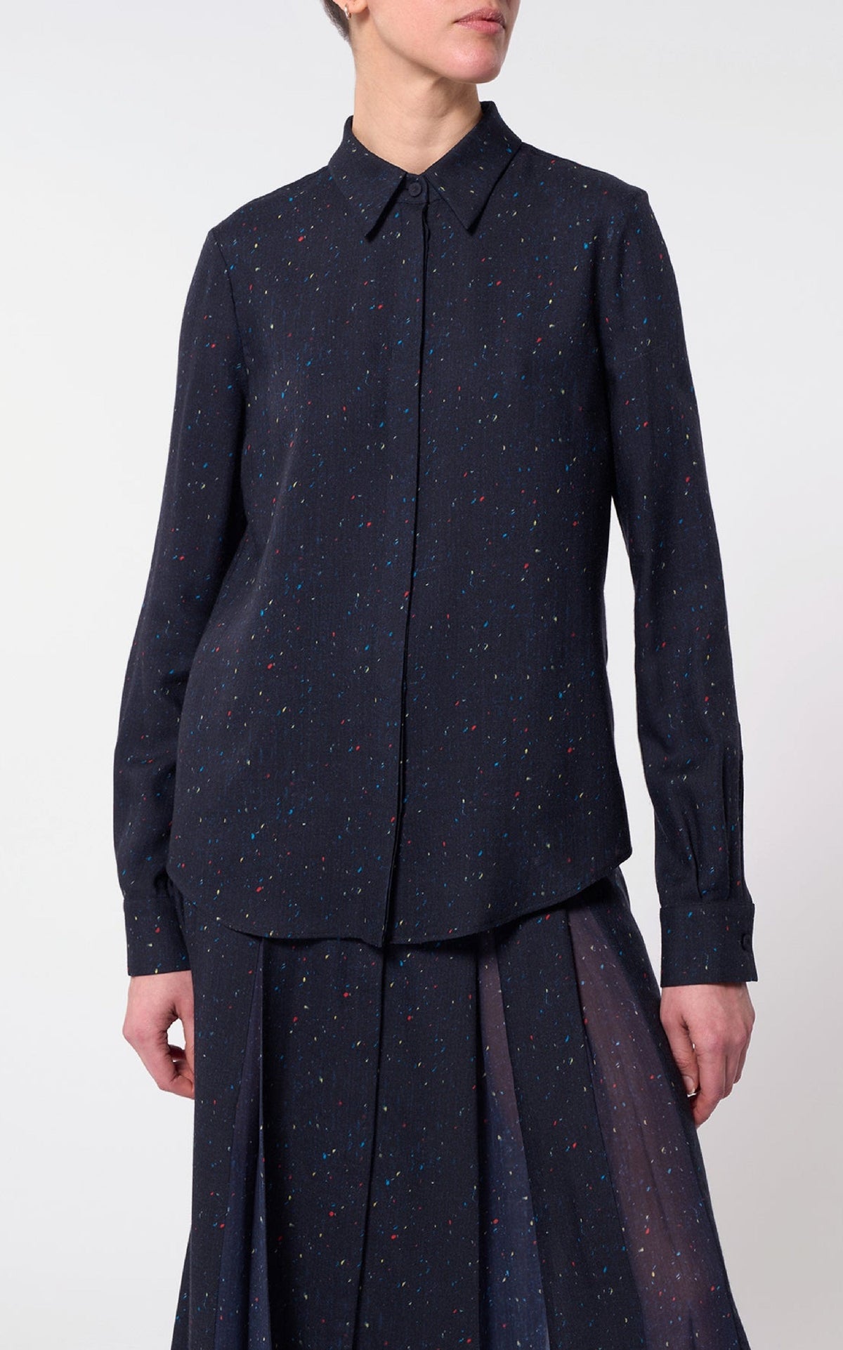 Henri Top en bleu marine foncé multicolore speckle imprimé laine