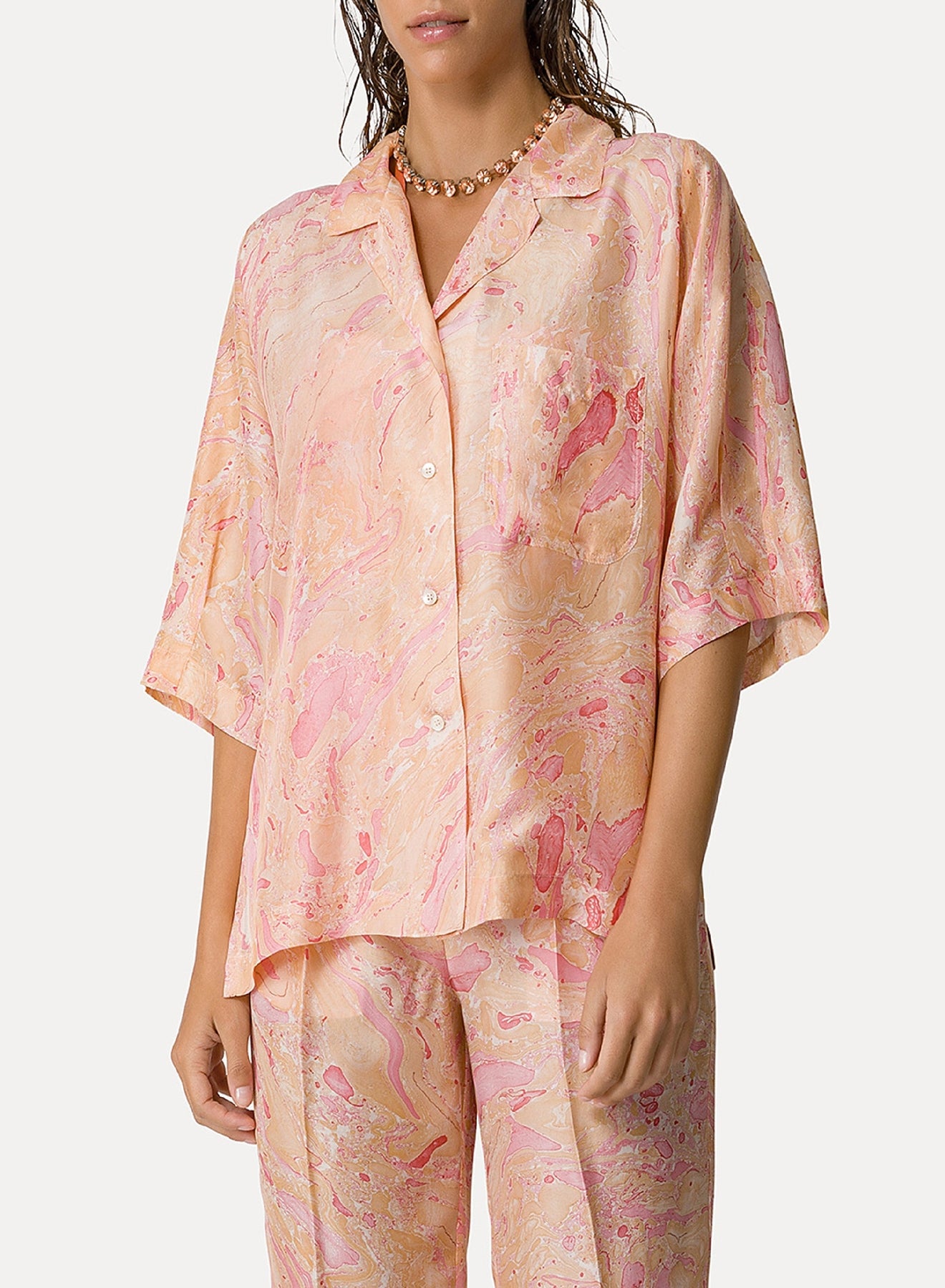"Marbeling" shirt, 3/4 sleeves in habotai silk - Roseo