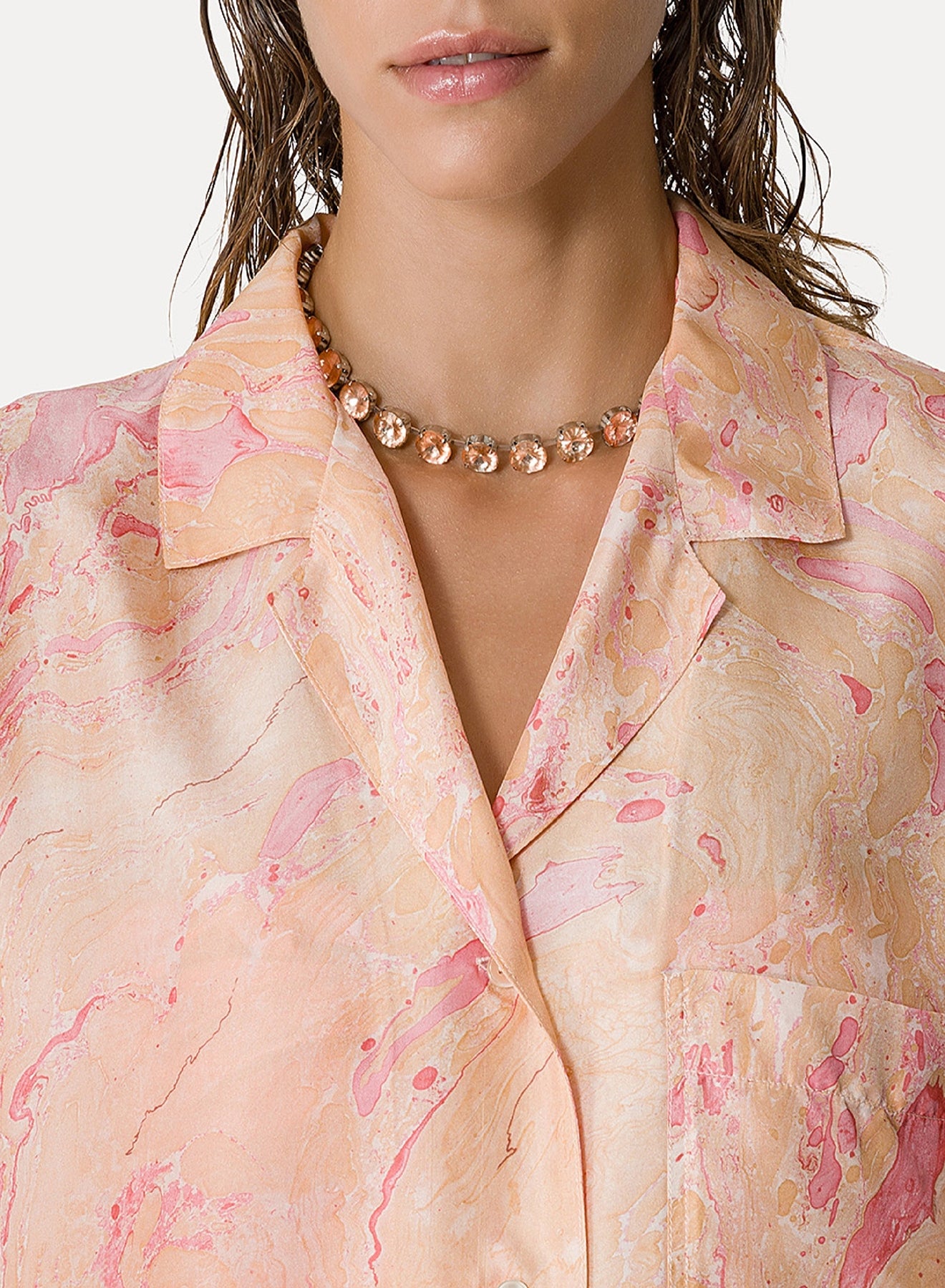 "Marbeling" shirt, 3/4 sleeves in habotai silk - Roseo