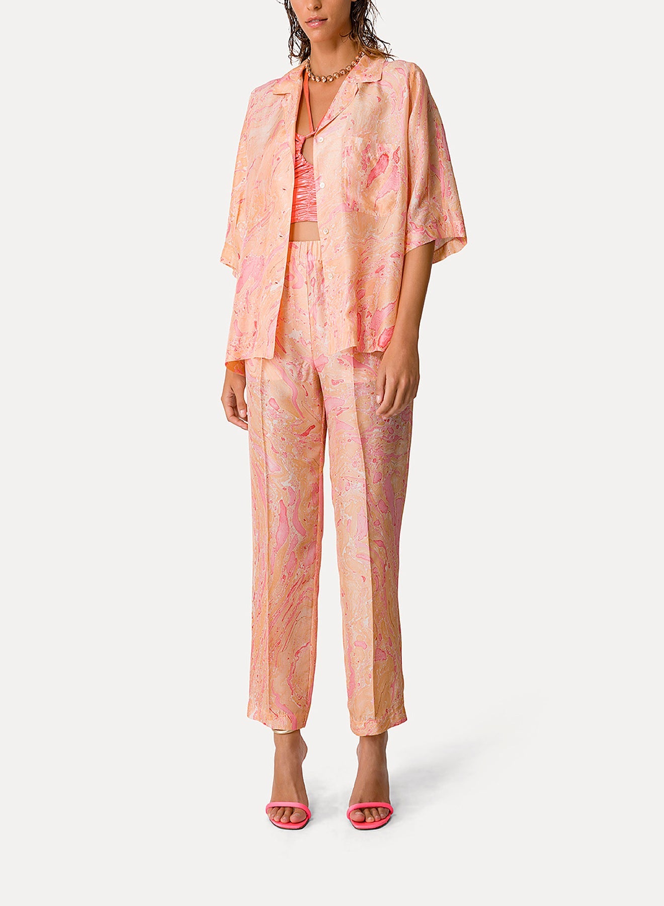 "Marbeling" shirt, 3/4 sleeves in habotai silk - Roseo