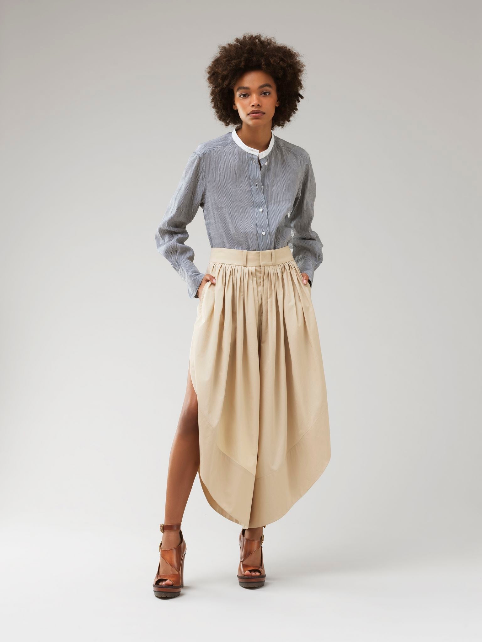 Chemisier col maho en lin - Blue White