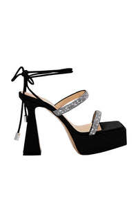 Devon 140 platform sandals in silk & rhinestone - Black
