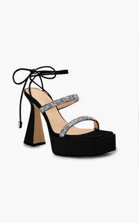 Devon 140 platform sandals in silk & rhinestone - Black