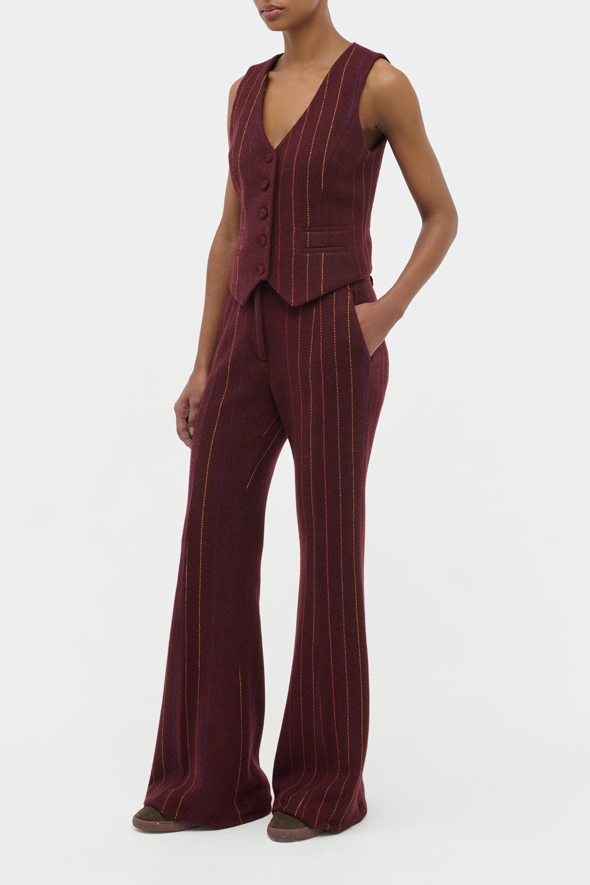 Coleridge Vest en terre de sienne brûlée multicolore laine cachemire fines rayures