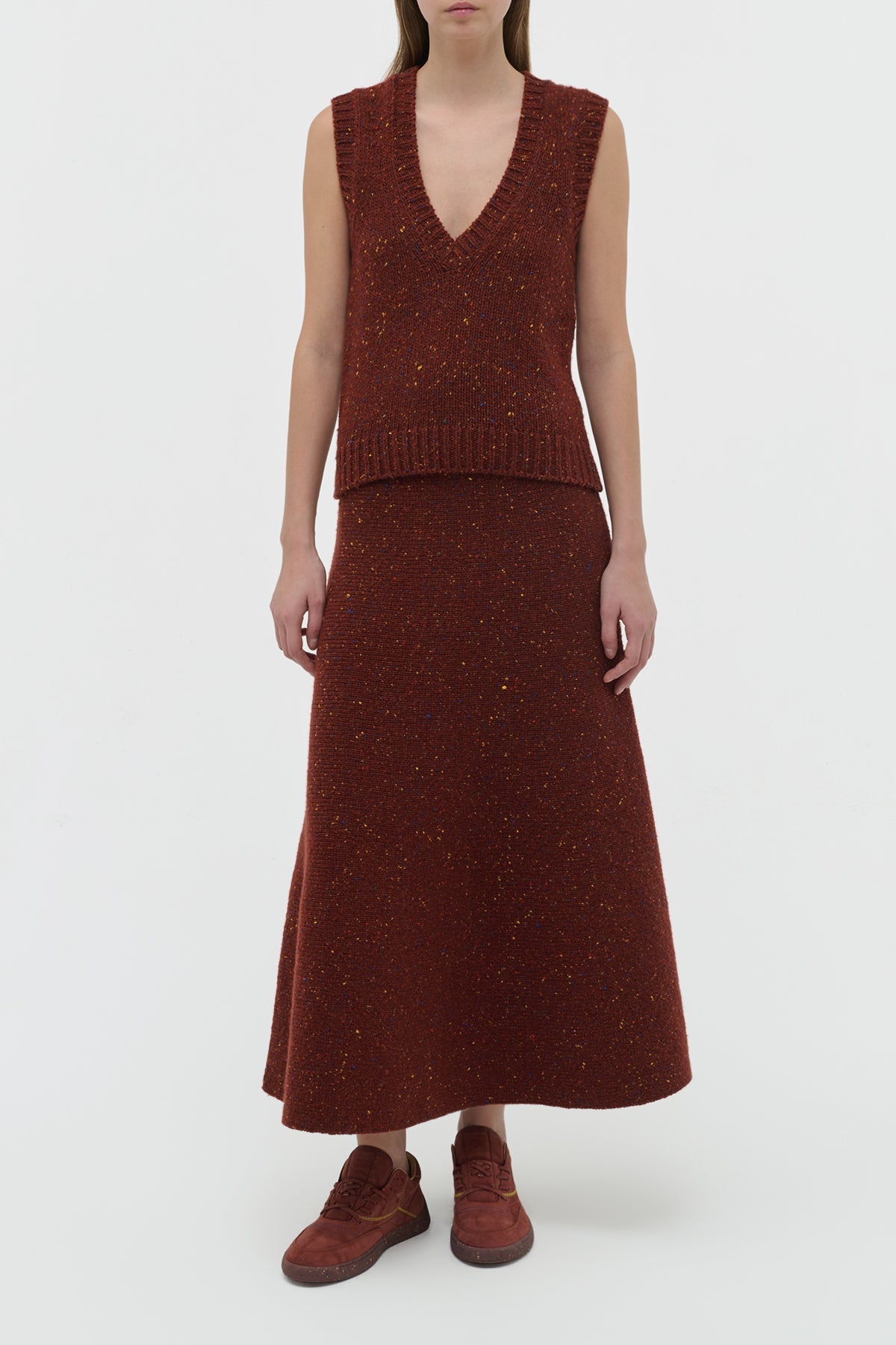 Solomon Vest en terre de sienne brûlée multicolore aran cachemire fil