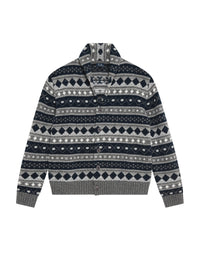 Wool jacquard cardigan - Grigio Asfalto & Blue