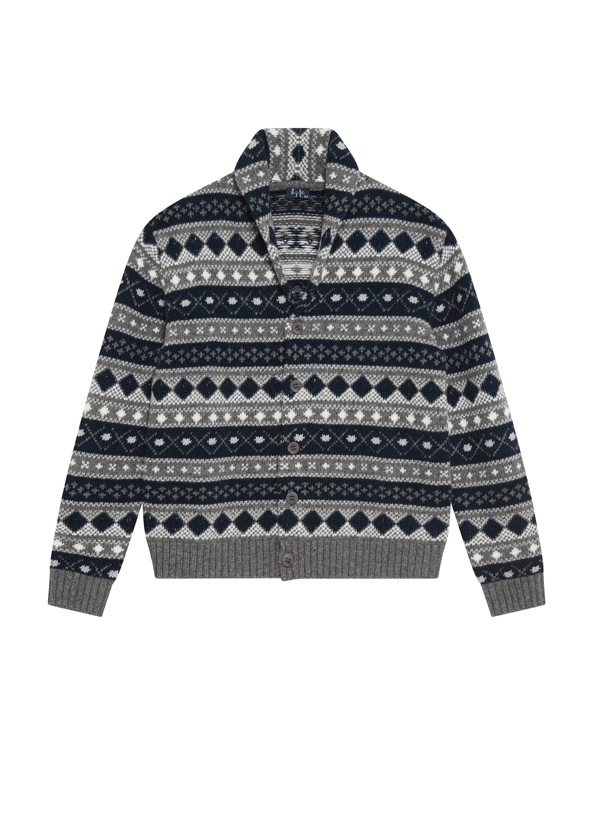 Wool jacquard cardigan - Grigio Asfalto & Blue