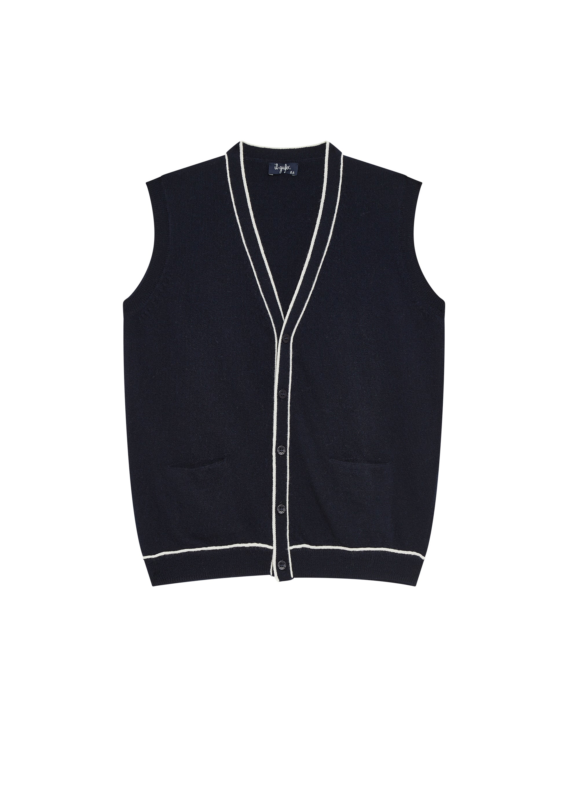 Cardigan with side patch pockets in wool - Blue & Latte