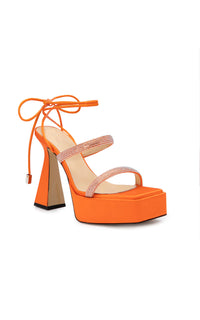 Devon 140 platform sandals in silk & rhinestone - Orange