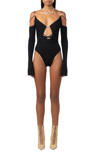 Cut-out bodysuit with rhinestone embellishments - Black