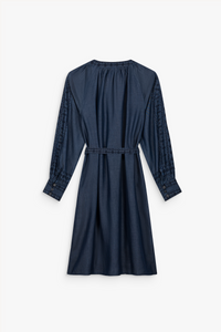 Robe courte trapeze manch long - Bleu Denim