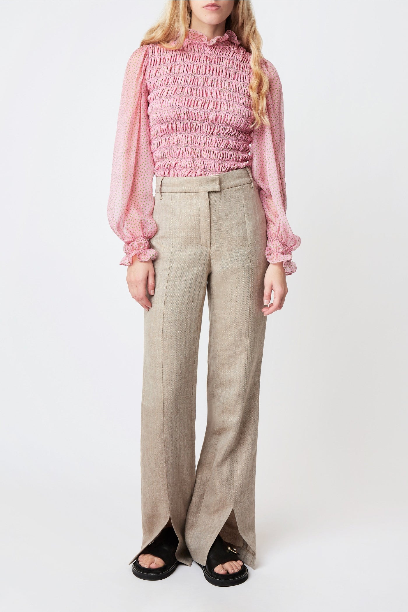 Pantalon Island Chevron en laine et lin - Beige