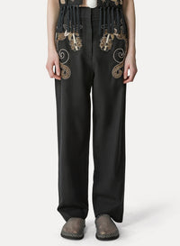 Pantalon brodé Frangipane Gardens en laine mélangée - Nero