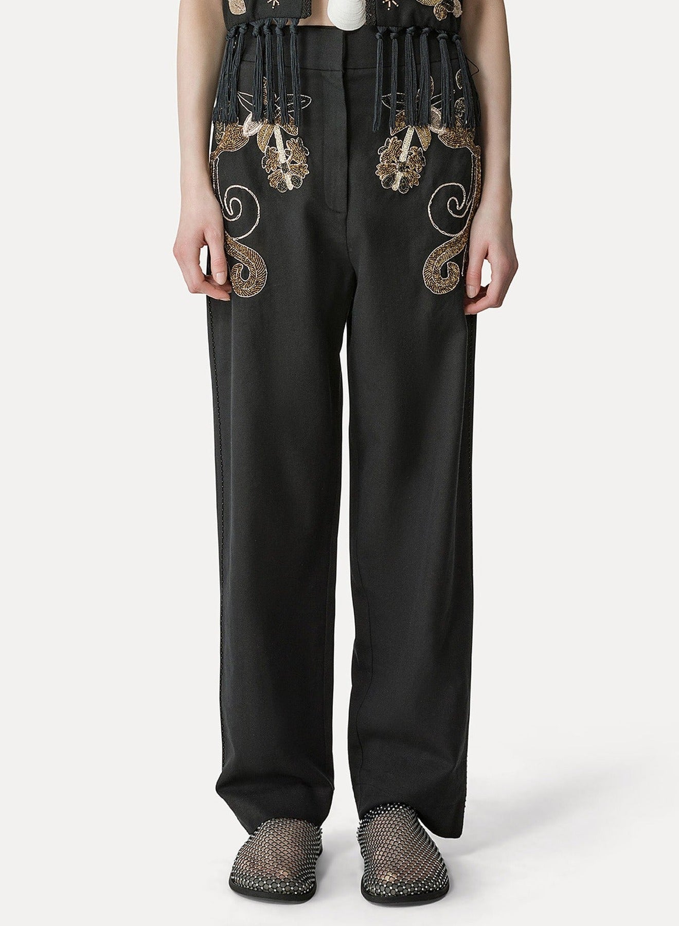 Pantalon brodé Frangipane Gardens en laine mélangée - Nero