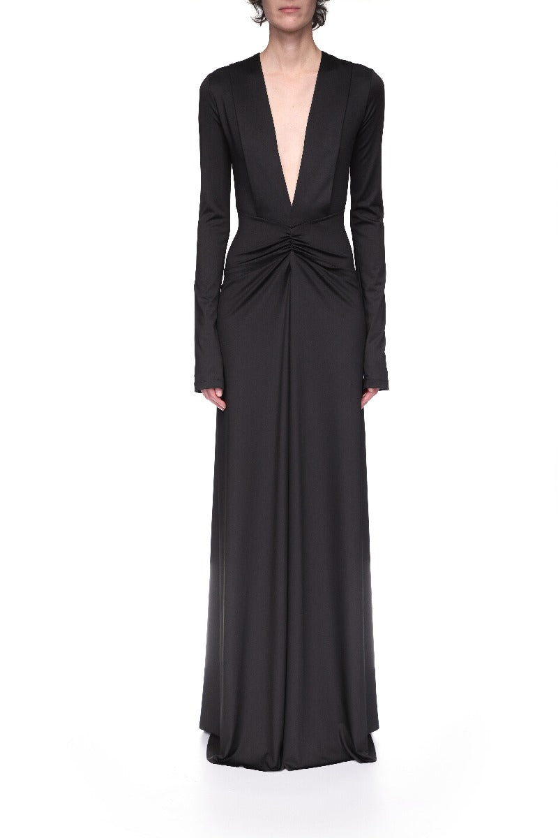Long Sleeve Deep V-Neck Gown - Black