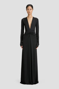 Long Sleeve Deep V-Neck Gown - Black