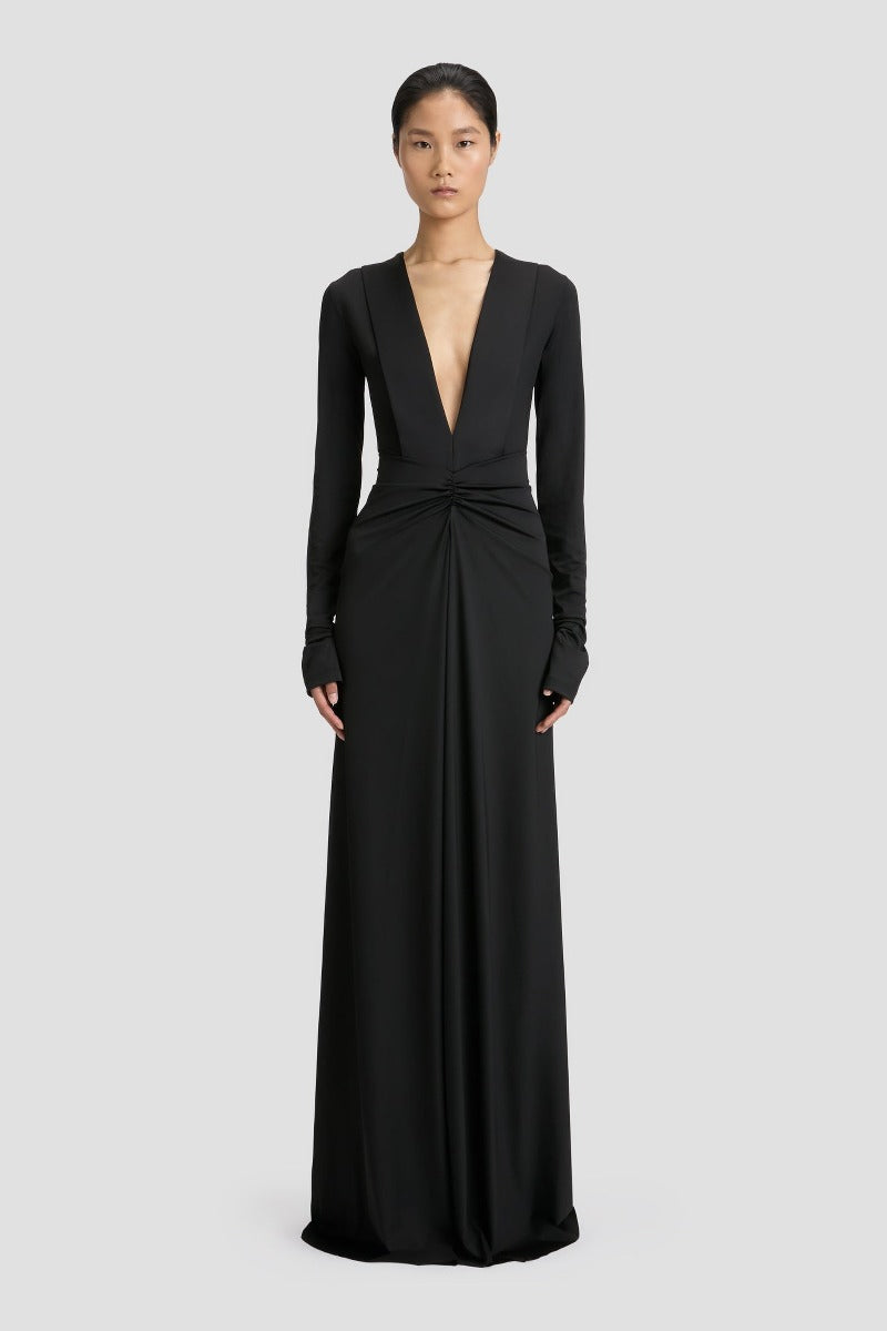 Long Sleeve Deep V-Neck Gown - Black
