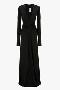 Long Sleeve Deep V-Neck Gown - Black