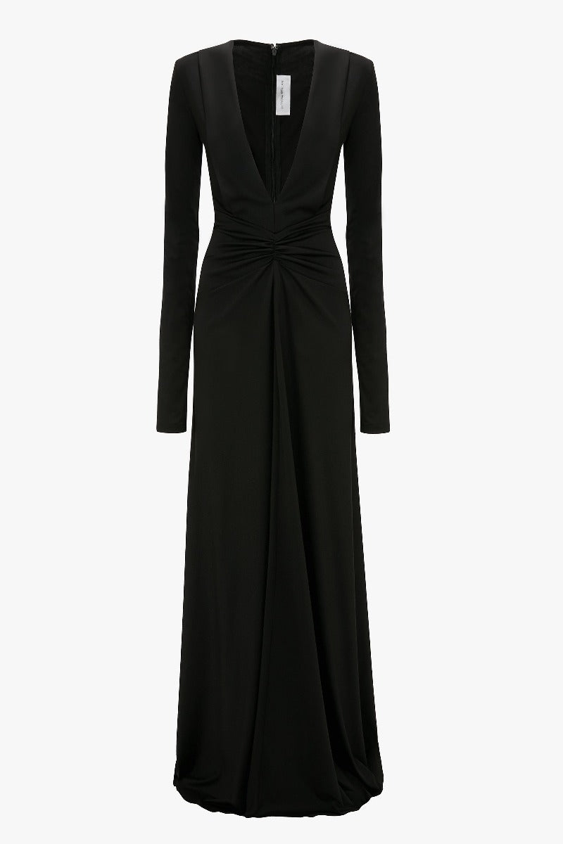 Long Sleeve Deep V-Neck Gown - Black
