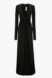 Long Sleeve Deep V-Neck Gown - Black