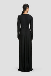 Long Sleeve Deep V-Neck Gown - Black