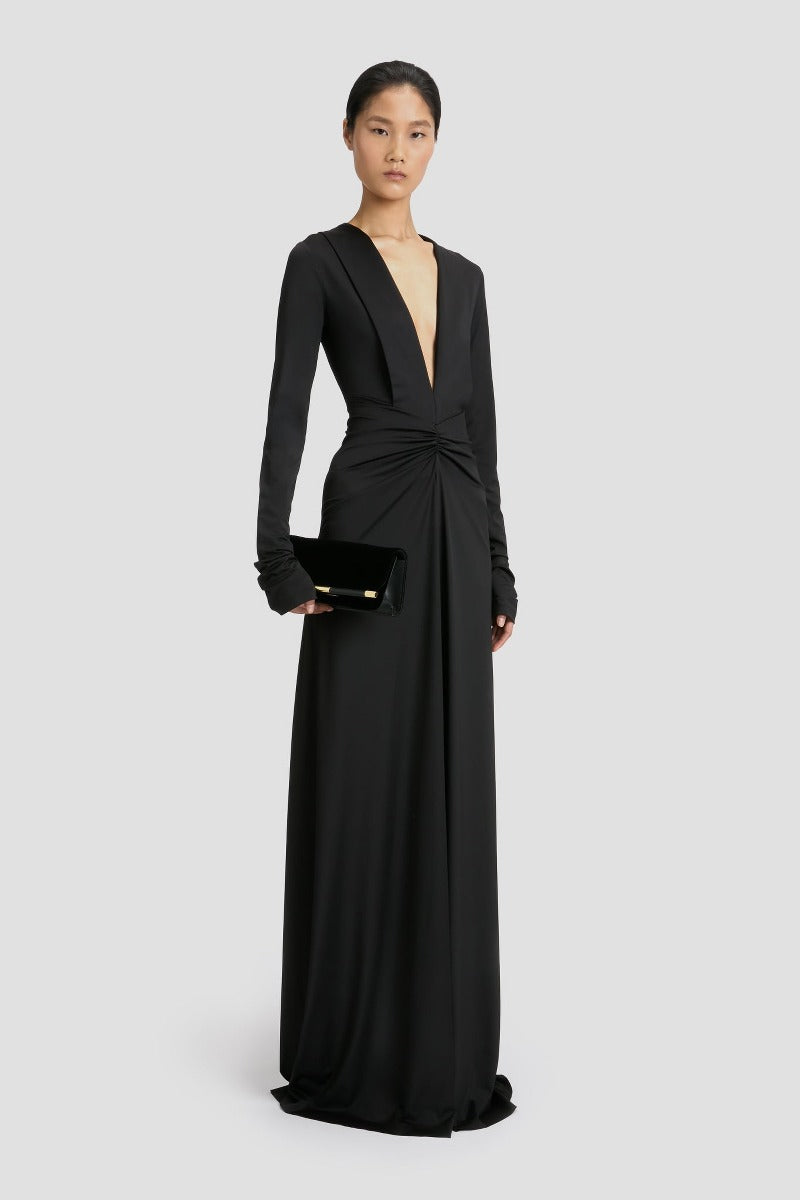 Long Sleeve Deep V-Neck Gown - Black